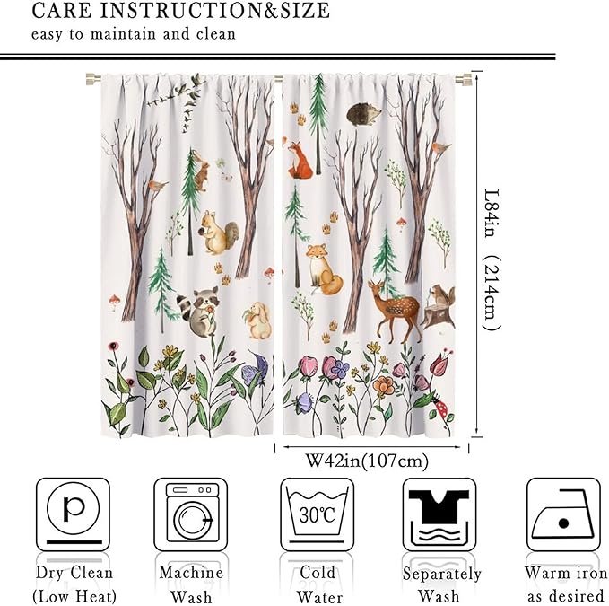 Forest Animal Kids Curtains, Watercolor Cartoon Window Treatments, Cute Animal Floral Girl Toddler Home Bedroom Living Room Drapes 84x84in