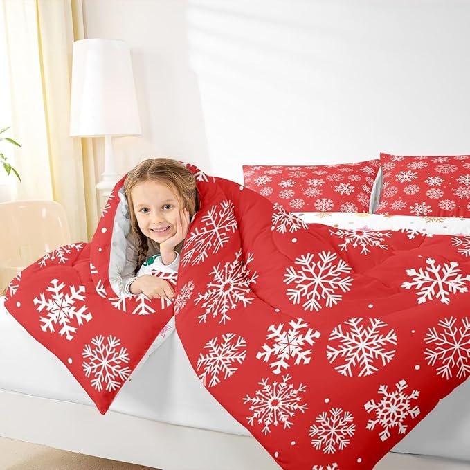 Feelyou Christmas Comforter Set All Season Winter Snowflake Bedding Set with 1 Pillow Cases Xmas Festival Microfiber Kids Twin Bedclothes Snowflake Red Bedroom Decor Duvet Quilt Breathable Soft