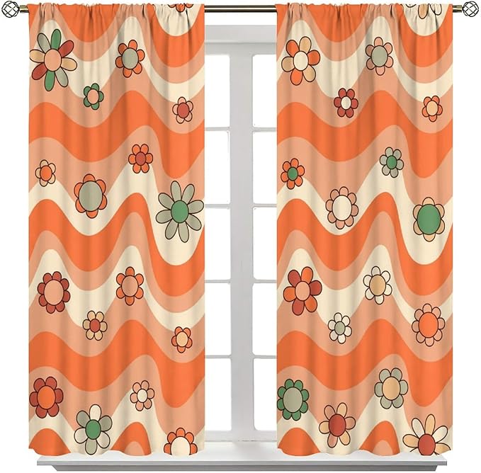 70s Boho Retro Curtains for Bedroom,Groovy Vintage Floral Rainbow Window Treatments Drapes for Kids Girls Window 55"" W X 63"" L, Style-6