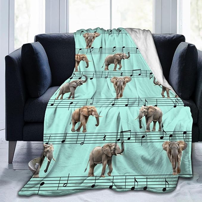 Elephant Blanket Musical Notes Decor Throw Blanket Super Soft Flannel Lightweight Fluffy Plush Fuzzy Fleece Blanket Gifts for Girl Woman Boys Kids Adults Man for Bed Sofa 60"X80"