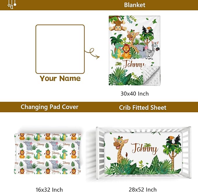 Custom Name Crib Bedding Set, 3 Pcs Personalized Baby Crib Bedding Set, Soft Forest Animals Nursery Crib Sets for Boys Girls, Double Layer Toddler Bedding Set Customized Gifts for Newborn Kids