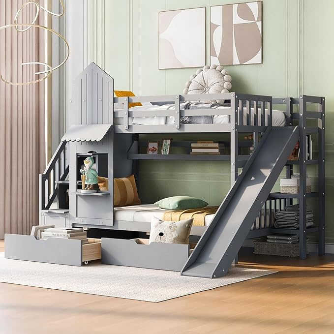 MERITLINE Twin Over Twin Castle Bunk Bed with Slide,Stairs and Drawers,Solid Wood Floor House Princess Bunk Bed with Storage Shelves (Grey)