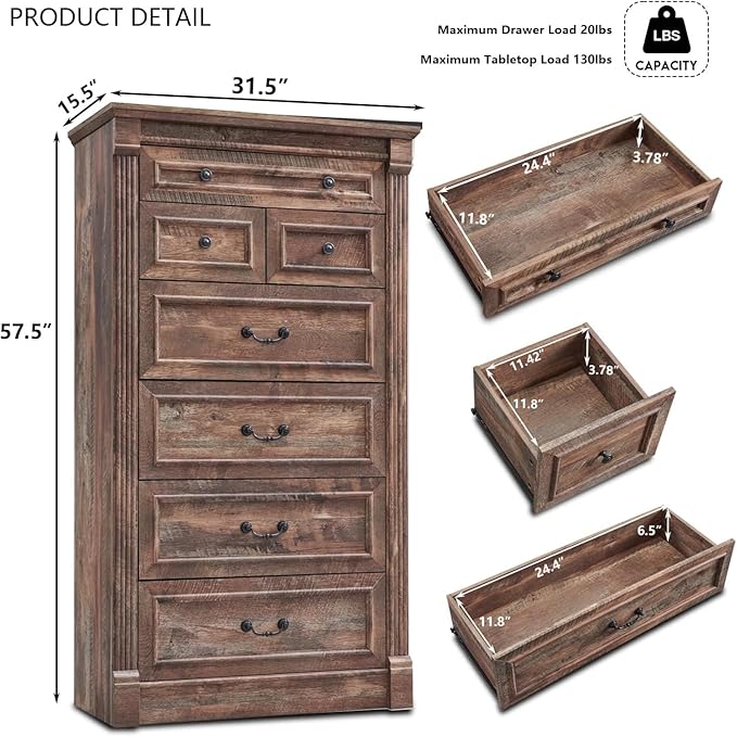 Farmhouse 7 Drawers Dresser for Bedroom, 57" Tall Large Dressers & Chests of Drawers w/Roman Column, Storage Dressers Organizer for Bedroom, Hallway, Living Room, Light Brown