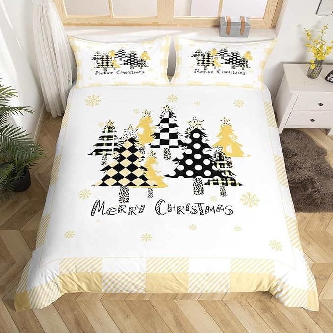 Manfei Xmas Tree Duvet Cover Set Full Size, Yellow Plaid Grid Snowflake Comforter Cover with 2 Pillowcases, Christmas Theme Bedding Set for Kids Girls Room Decor New Year Bedspread Cover, No Comforter