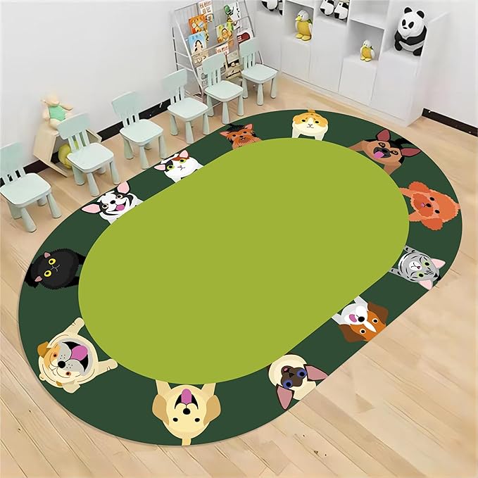 Cat and Dog Kids Area Rug, 5x7ft, Children's Pet Print Oval Rugs, Children's Educational Learning Animal Play Mat for School Classroom, Non-Slip Washable Green Carpet for Nursery Bedroom