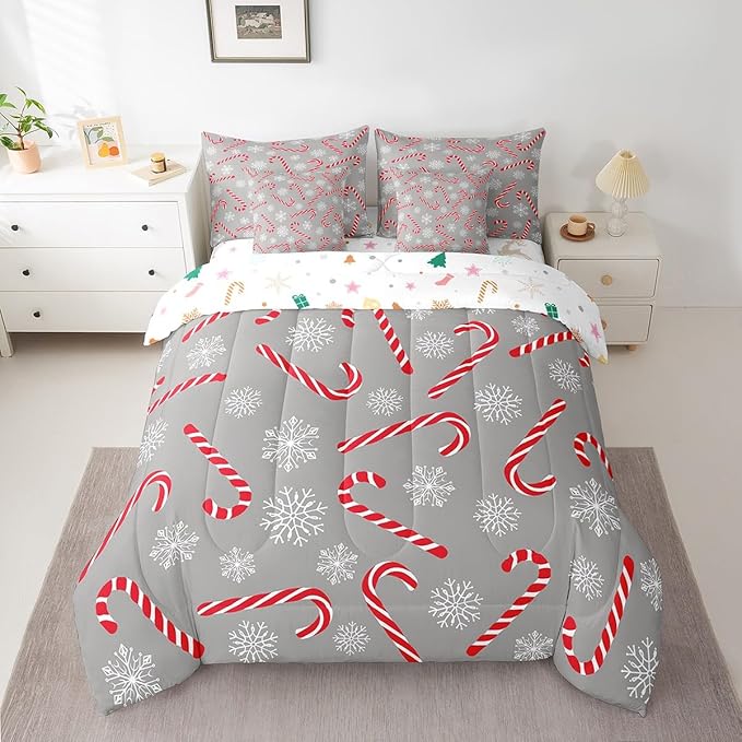 Erosebridal Xmas Candy Cane Queen Bedding Set 7 Piece,Merry Christmas Bed in A Bag for Kids Boys Girls,Winter Snowflake Comforter Set Grey Christmas Ornaments Sheet Set with Comforter