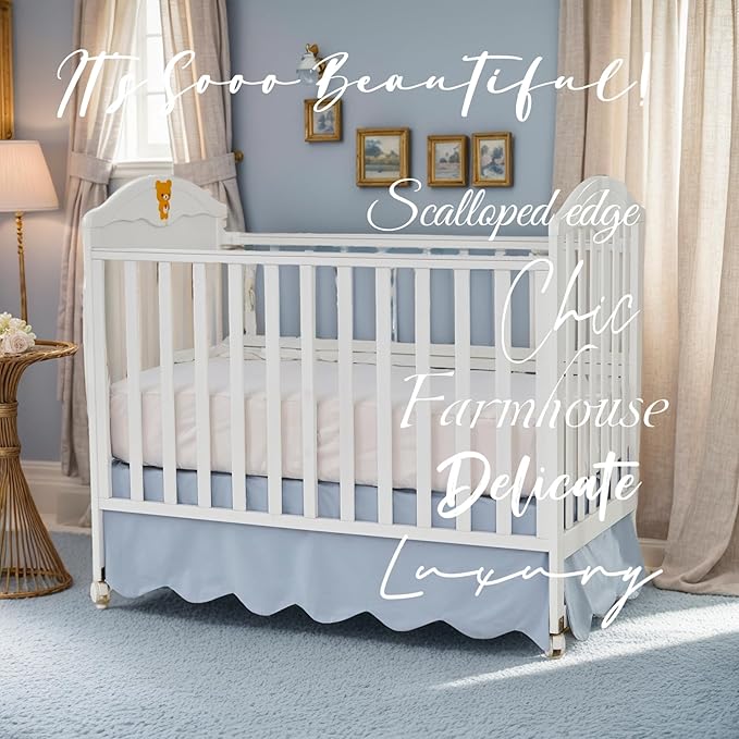 Brandream Scallop Edge Cotton Crib Skirt, Baby Boy Girl Gender Neutral Crib Skirt Toddler Bedskirt Farmhouse Chic Nursery Crib Bed Skirt, Boho Bohemian Solid Mist Blue