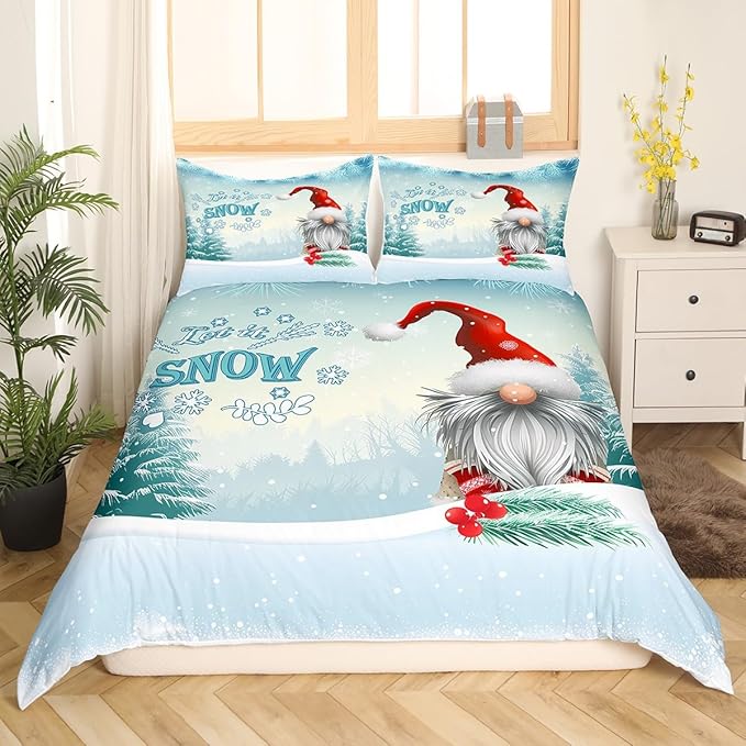 Manfei Winter Duvet Cover Set Queen Size, Christmas Gnomes Bedding Set 3pcs for Kids Boys Girls Bedroom Decor, White Snowflake and Trees Print Xmas Comforter Cover with 2 Pillowcases,No Comforter