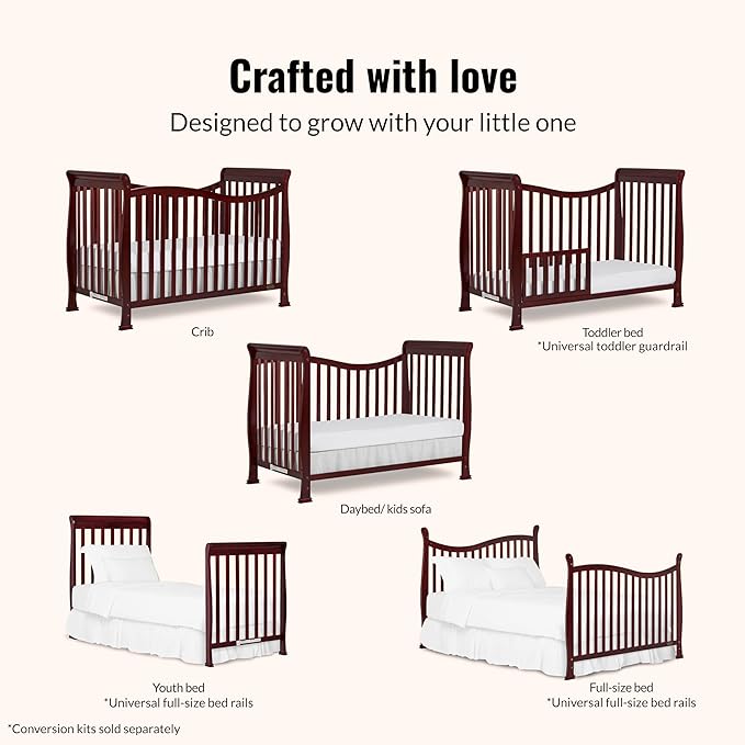Dream On Me Violet 7-in-1 Convertible Full-Size Baby Crib with Toddler, Day & Full Bed Conversion in Espresso, GreenGuard Gold & JPMA, 4 Mattress Heights, Sustainable Pinewood