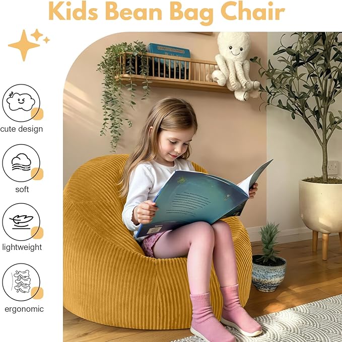 COMAX Bean Bag Chairs for Kids, Toddler BeanBag Sofa with Filler Bean Couch Stuffed for Boys and Girls, Lazy Floor Chair for Playroom, Nursery Room, Yellow