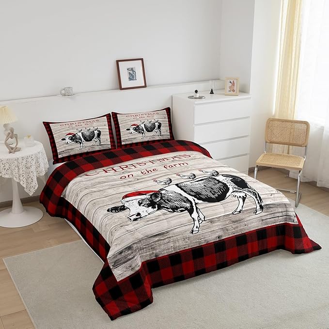 Christmas Farm Comforter Set for Kids,Cartoon Cow Chicken Bedding Set Teens Boys Room Decor,Vintage Wooden Plank Red Grids Comforter with 1 Pillowcase for All Seasons,Twin