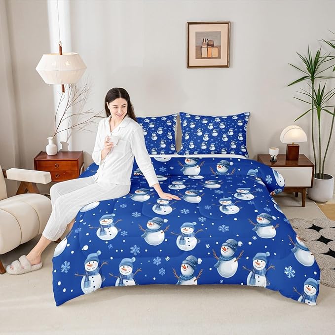 jejeloiu Kids Cute Winter Snowman Comforter Set Queen Size Blue Christmas Theme Bedding Set for Boys Girls Teens Xmas Snowflake Happy New Year Duvet Quilt Room Decor
