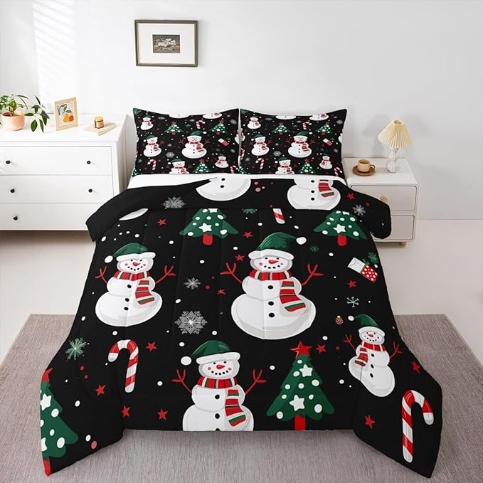jejeloiu Kids Cute Winter Snowman Comforter Set King Size Christmas Theme Bedding Set for Boys Girls Teens Xmas Candy Cane Snowflake Happy New Year Duvet Quilt Room Decor