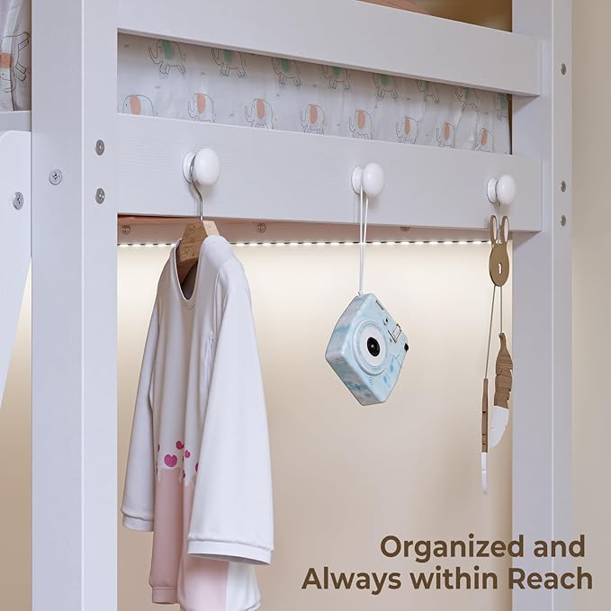 Vantic Floor Bunk Bed with LED Light, Low Bunk Bed with Wide Stairs, Convertible Soild Wooden Toddler Bunk Bed with 6 Hooks, Space-Saving, White