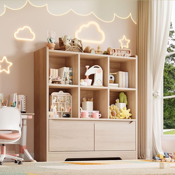 Kids Bookshelf and Toy Organizer, 2 Tier Kids Book Shelf for Kid Rooms with 2 Doors, 6 Cubes Storage Organizer,Wood Children Bookcase,Freestanding Toddler Book Display Shelf for Playroom