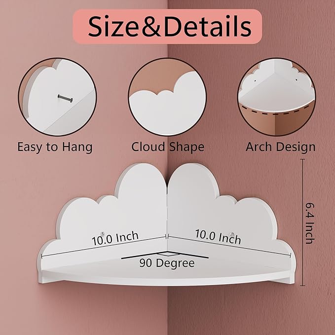Cute Cloud Floating Corner Shelves - 2-Tier Cloud Corner Shelf Wall Mounted for Kid’s Room, Nursery Wall Decor, Small Cute Display Shelves for Toys, Plants & Storage