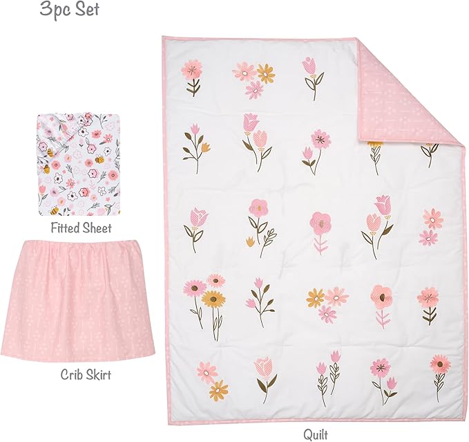 Lambs & Ivy Little Garden 3-Piece Embroidered Floral Baby Crib Bedding Set