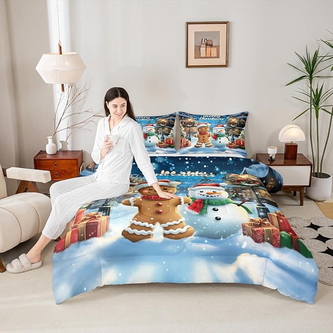 Gingerbread Man Kid Comforter Set Queen Size,Cute Snowman Merry Christmas Bedding Set,Girl Boy Room Decor,Snowflake Xmas Poinsettia Quilt Comforter,Blue Brown Duvet Set Bedroom Quilt Set,2 Pillowcases
