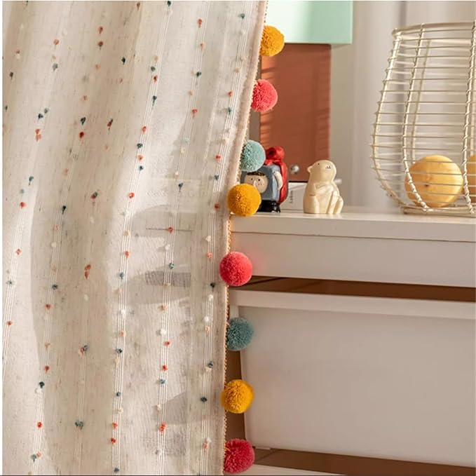 Boho Rainbow Sheer Curtain with Colorful Pom Pom Voile Drapes Light Filtering Faux Linen Stripe Pompom Rod Pocket Window Drapes for Boys/Girls Bedroom/Nursery 2 Panels (W78 X L102 Inch-2PCS,White)