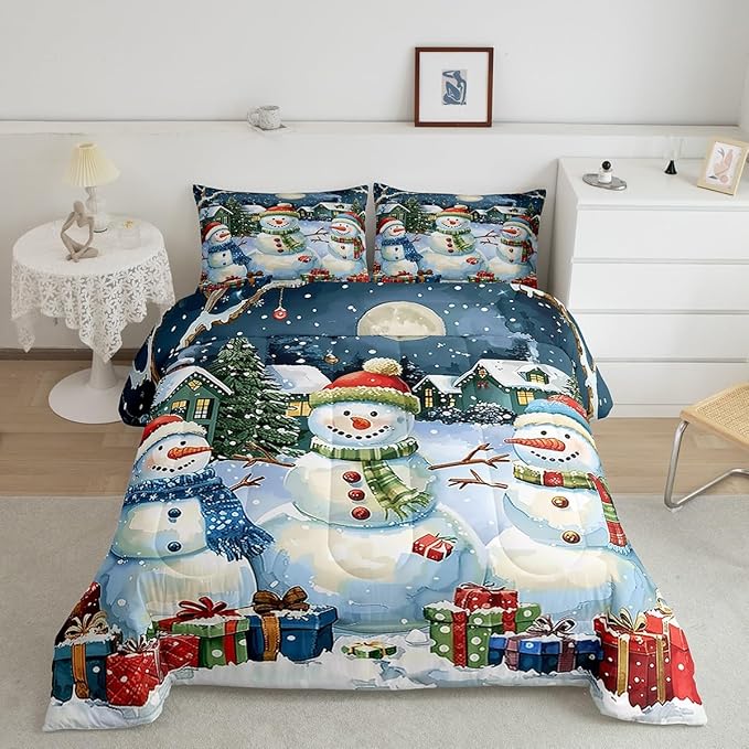 jejeloiu Kids Snowman Comforter Set Full Size Countryside Christmas Theme Bedding Set for Boys Girls Teens Xmas Tree Snowflake Winter Happy New Year Duvet Quilt Room Decor