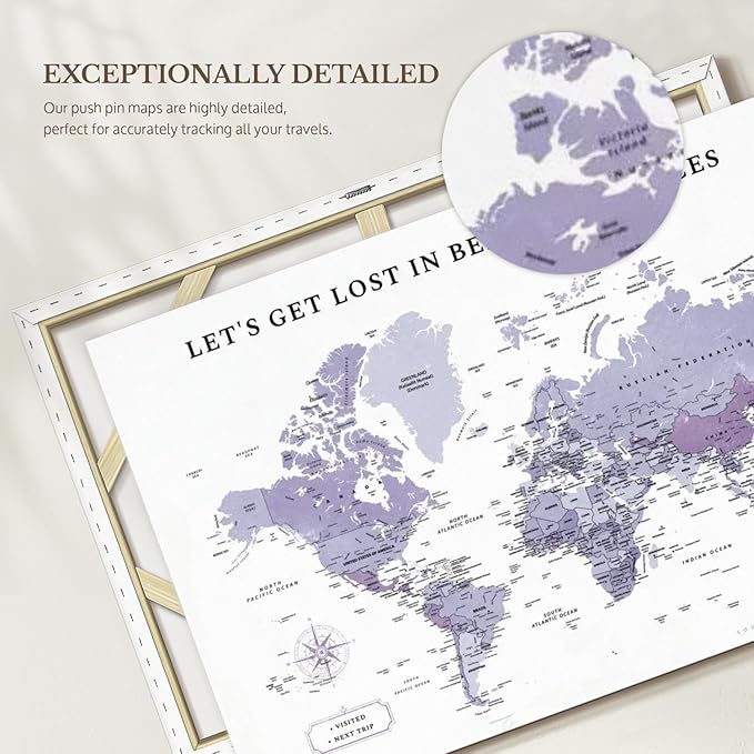 ElephantStock - Beautiful Places II Push Pin World Map Wall Art - Horizontal Canvas Wall Art - Living Room Wall Decor - Digital Art Map Canvas Art - White And Black Decor - 36" x 24"