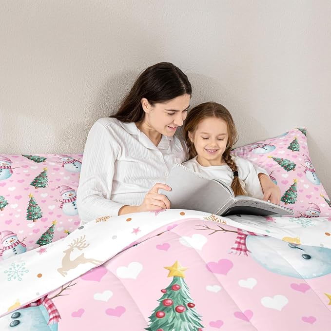 Feelyou Merry Christmas Comforter Set All Season Cute Snowman Bedding Set with 2 Pillow Cases Christmas Tree Microfiber Kids King Bedclothes Love Hearts Duvet Quilt Breathable Soft Lightweight