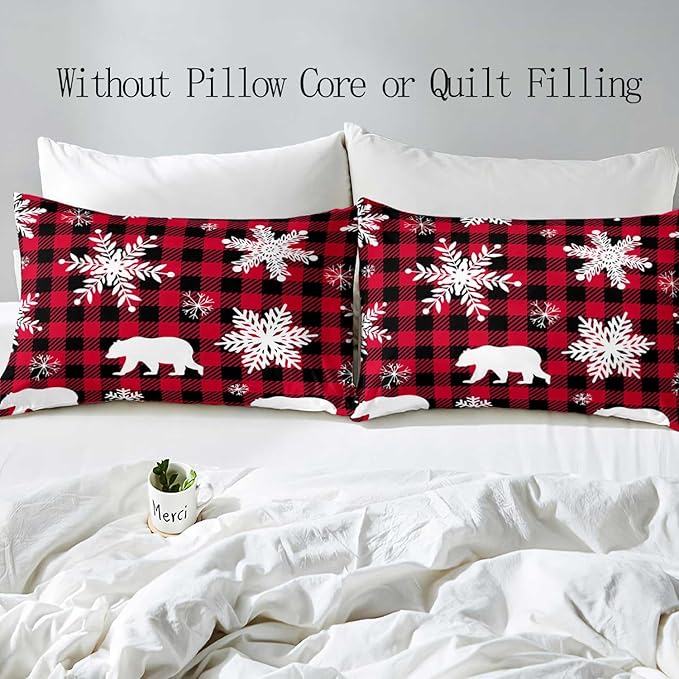 LUVIVIHOME 3PCS Christmas Duvet Cover King Bedding Set, White Snowflake Bear Woodland Animals Cabin Lodge Holiday New Year Xmas Checkered Black Red Buffalo Plaid Comforter Quilt Cover, 2 Pillow Cases