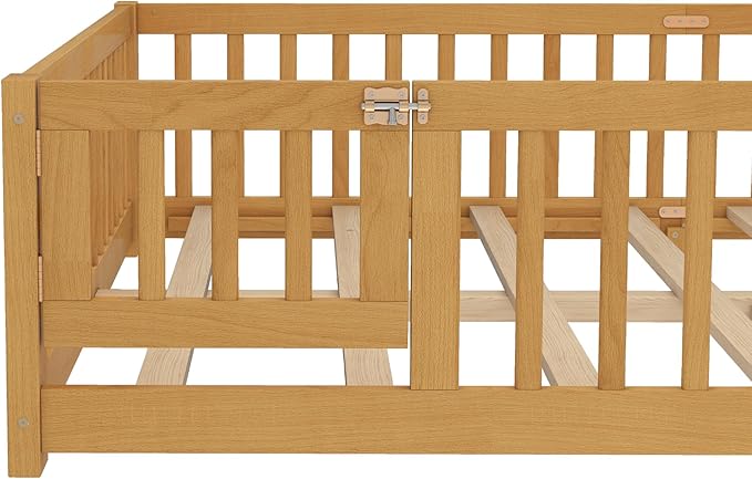 Bellemave Queen Size Floor Bed for Kids, Girls, Boys, Wood Floor Bed with slats and Door, Natural