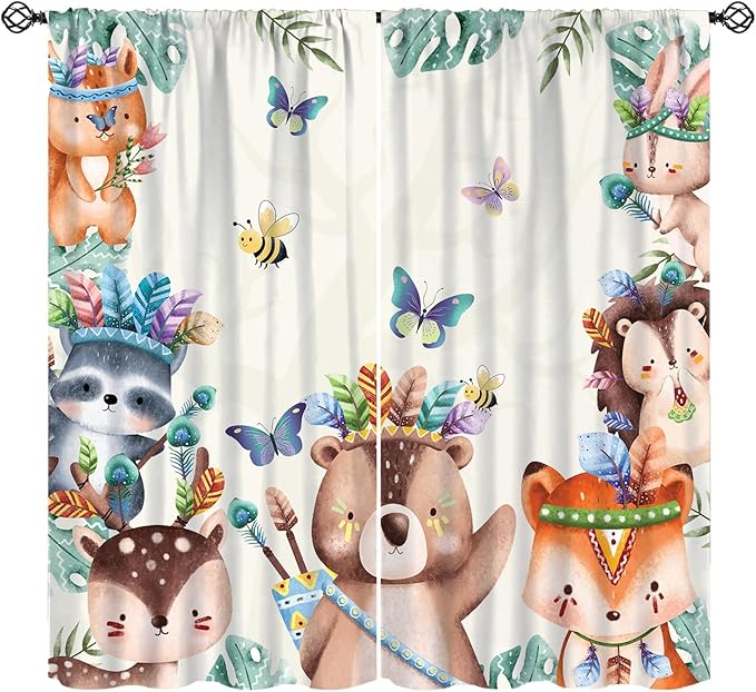 Jungle Safari Curtains, Cute Cartoon Forest Animals Pattern Blackout Window Treatments, Rod Pocket Thermal Insulated Drapes 2 Panel Sets for Children Boys Bedroom Nursery Classroom, 52" W X 84" L