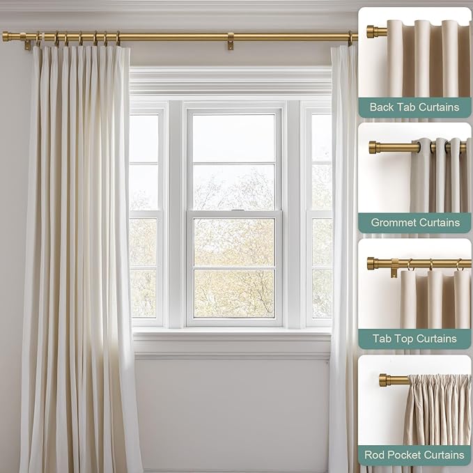 Brass Curtain Rods for Windows 28 to 48 Adjustable Modern Gold Curtain Rod 1 inch Diameter Heavy Duty with Solid Metal Finials for Living Room Bedroom Farmhouse Outdoor Patio