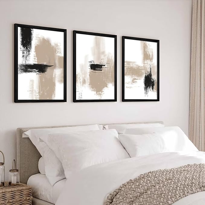 Beige Abstract Wall Art Painting Set of 3 Neutral Canvas Wall Art Prints Black Beige Modern Wall Decor Minimalist Art Pictures Abstract Modern Artwork for Room Bedroom 12x16 Inch Wood Framed