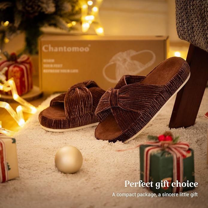 Chantomoo Slippers for Women Memory Foam House Bedroom Corduroy Bow Crossbands Slipper Shoes Comfy Trendy Gift Slippers