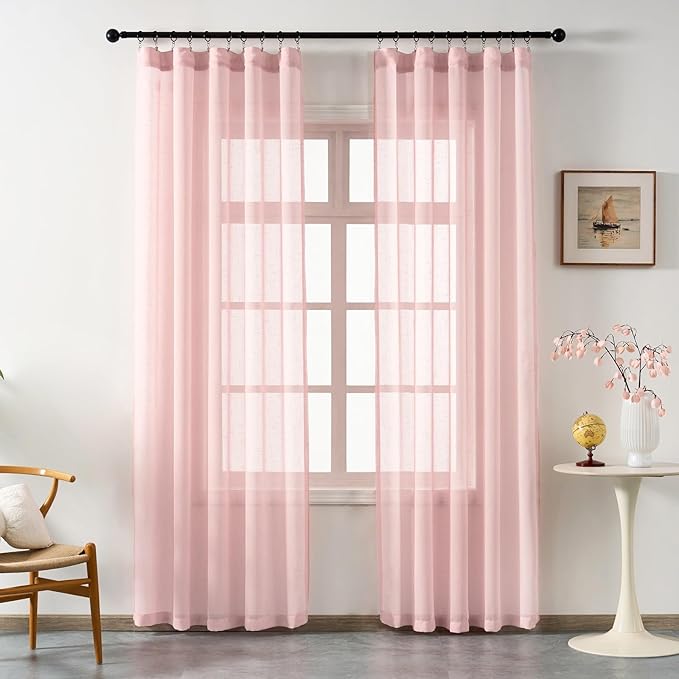 Blush Pink Sheer Curtains 102 Inch Long, Linen Look Textured Light Filtering Drapes for Girls Room, Light Pink Transparent Window Decor, Floor to Ceiling Pinch Pleat Curtain with Hooks