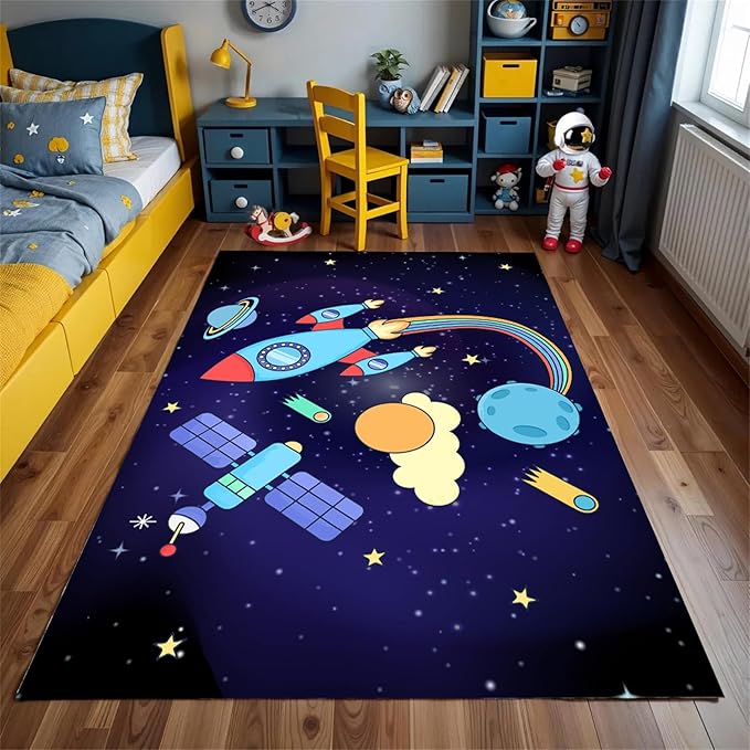 Outer Space Themed Rug,4x6ft,with Cartoon Planets,Stars and Rocket Design Rugs, Suitable for Playroom Bedroom Printed Rug, Non-Slip Machine Washable Carpet, Children's Room Decor