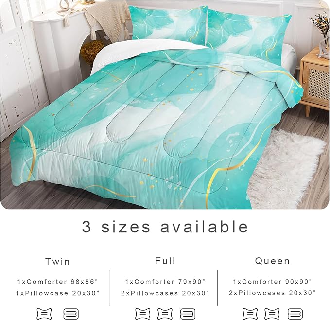 Teal Comforter Set Queen: Blue Green Marble Bedding Sets for Women Girls Boys Bedroom Luxury Cyan Blue Quilt Abstract Gold Bed Set 1 Comforter & 2 Pillowcases