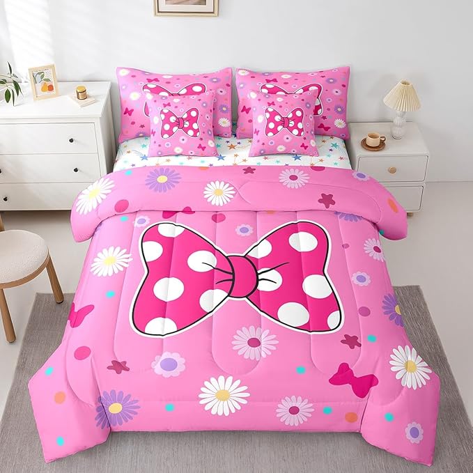 7 Pieces Pink Bowknot Kids Comforter Set Full,Daisy Flowers Geometric Dot Patchwork Bedding Set,Bow Tie Cute Princess Dreamy Chic（Comforter+Fitted+Flat Sheet+2 Pillowcases+2 Throw Pillow Covers）
