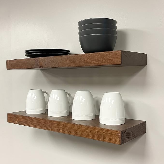 URBANDI, Rustic Floating Shelves, Set of 2, Hidden Bracket, Solid Wood, Heavy Duty, Wall Mounted Shelves, (Provincial, 12Wx10D)