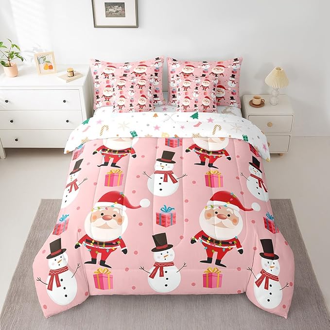 Feelyou Christmas Bed in a Bag Merry Christmas Snowman Comforter Set with Sheets for Kids Boys Girls Decor Santa Claus Bed Set Kawaii Pink Bedding Set Bedroom Collection King Size