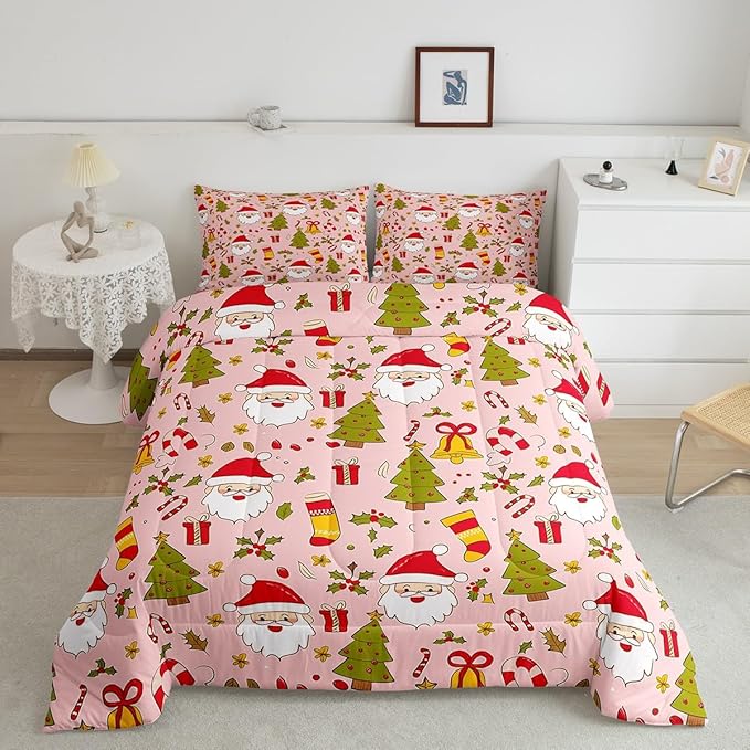 Feelyou Christmas Bedding Set for Kids Boys Girls Full Size Cute Santa Claus Comforter Set Ultra Soft Comforter Xmas Tree Duvet Quilt Bedroom Decor Berries Pattern Printed Quilt