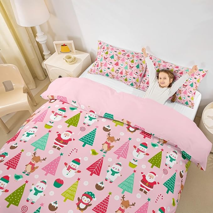 Christmas Bedding Set for Kids Boys Girls Cute Santa Claus Deer Comforter Cover Set Pink Christmas Tree Duvet Cover Bedroom Decor Kawaii Xmas Theme Bedspread Cover Queen Size Bedding Collection 3Pcs