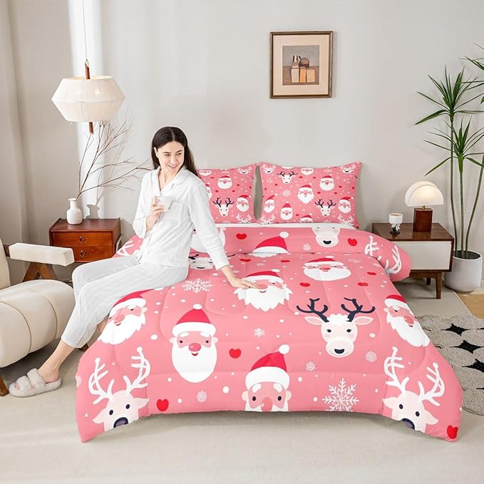 Feelyou Christmas Comforter Set All Season Santa Deer Bedding Set with 1 Pillow Cases Snowflake Microfiber Kids Twin Bedclothes Bedroom Decor Duvet Quilt Breathable Soft Lightweight