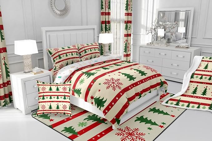 Feelyou Christmas Bedding Set Soft for Boys Girls, Xmas Tree Comforter Set King Size Snowflake Star Duvet Quilt Microfiber New Year Theme Bedroom Decor 3 Pcs with 2 Pillow Cases