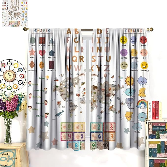 Kids Educational Curtain,Pastel ABC Alphabet Continents Map Numbers Shapes Weather Learning Tools Boy Girl Nursery Rod Pocket Blackout Window Treatments for Bedroom Living Room 84" W X 84" L