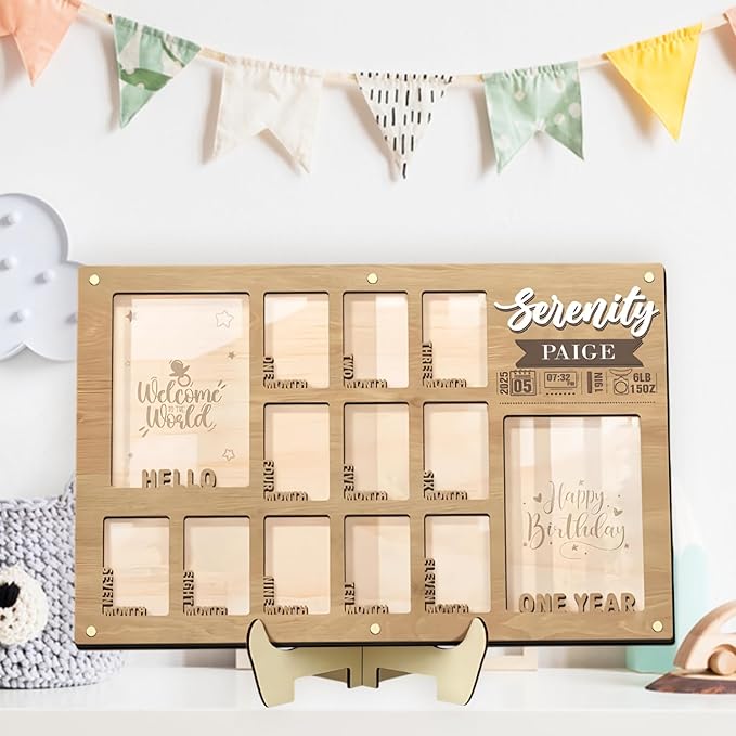 First Year Photo Board – 12 Months Baby Picture Frame, My First Year Wooden Photo Display, Holds Two 4x6 Photos and Twelve 2x3 Pictures, Nursery Wall Frame Décor