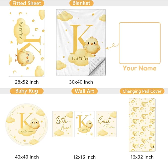 Personalized Crib Bedding Set, 5 Pcs Custom Nursery Bedding Sets with Name, Infant Bedding Set for Baby Girl Boy, Yellow Chick Double Layer Baby Crib Set, Toddlers Babies Kids Customized Gifts