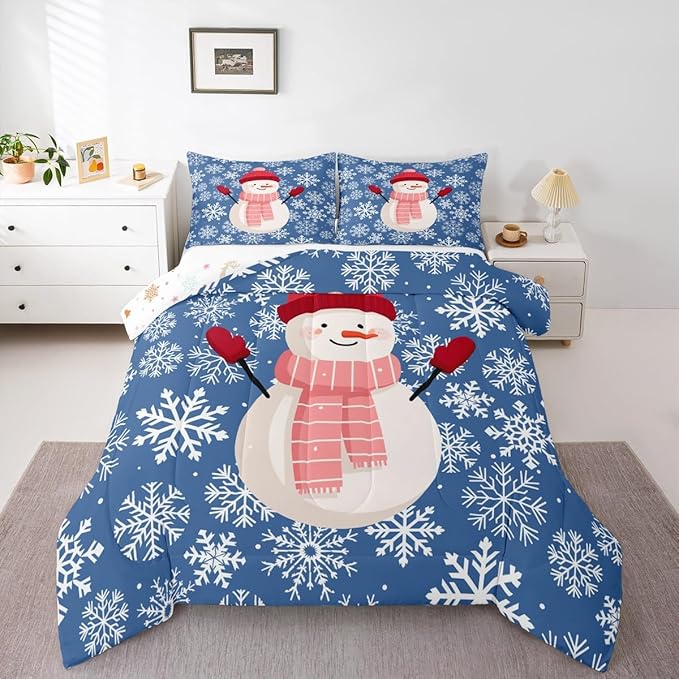Feelyou Christmas Comforter Set Queen Size Snowman Blue Bedding Set for Kids Boys Girls Xmas Snowflakes Duvet Quilt Winter Snow Bedroom Decor Microfiber 3 Pcs with 2 Pillow Cases