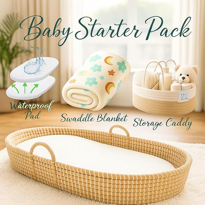 ZEAL'N LIFE Seagrass Baby Changing Basket, Diaper Basket, Baby Towel & Baby Changing Pad and Waterpoof Cover, Premium Handmade Seagrass, Moses Baskets for Newborn (Light Brown)