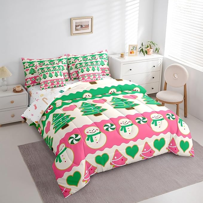 Feelyou Christmas Tree Bedding Set for Kids Boys Girls Cute Cartoon Gingerbread Man Bed in a Bag Snowman Bedding Set Decor Kawaii Xmas Theme Bed Set 7Pcs King Size