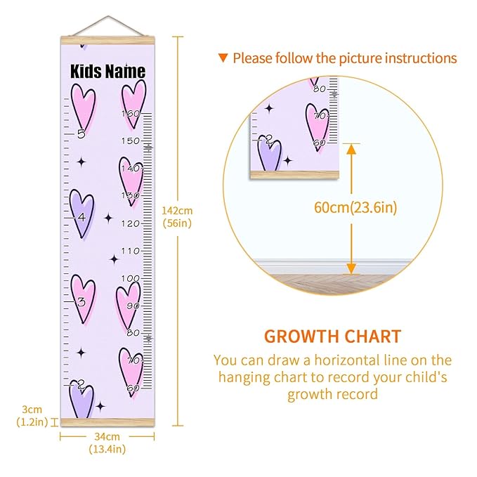 Personalized Kids Name Growth Chart Ruler for Wall Wood Frame Height Measure Chart 13.4x56 in Linen Hanging Height Growth Chart Pink Purple Kids Room Decor