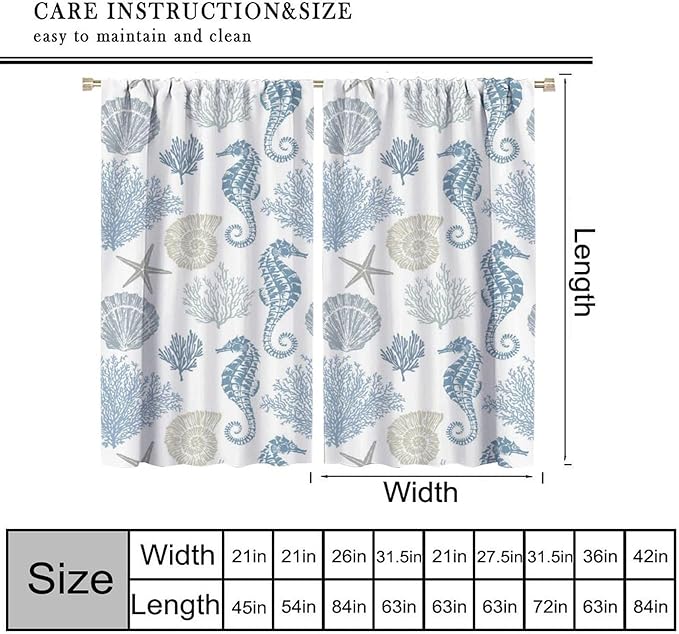 BAEKJIN Seahorse Coral Curtains,Starfish Seashell Beach Sea Starfish Seashell Theme Pattern Print Decor Home Bedroom Living Room Window Treatmen 2 Panel Set 42x45 Inch